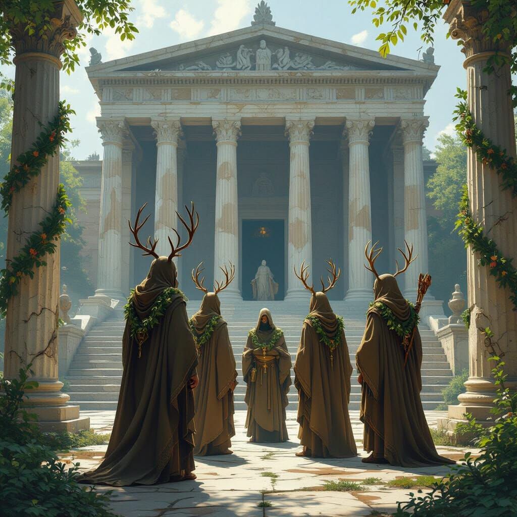 Druids Meet at Greek Temple in Mystical Realism Style