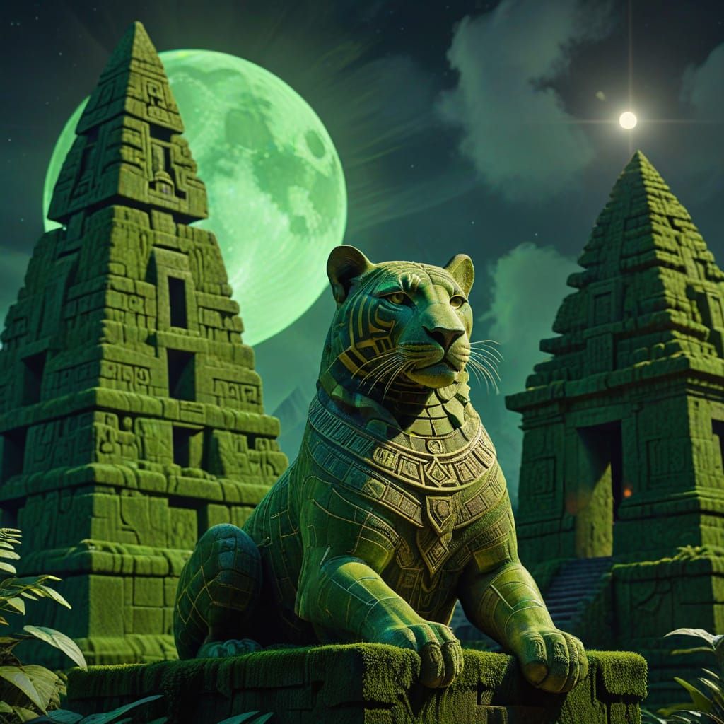 Mossy Inca Panther Statue in Pop Art Style