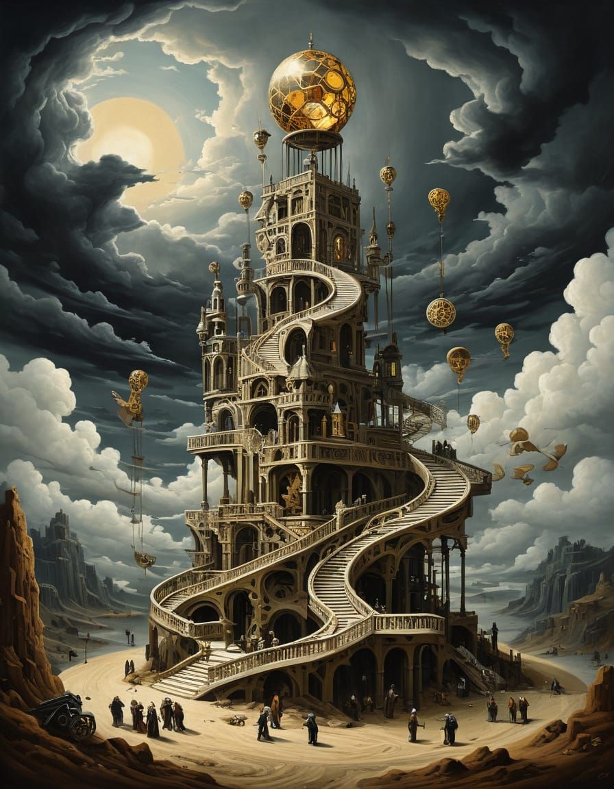 Surreal Impossible Structure Painting with Gears and Figures