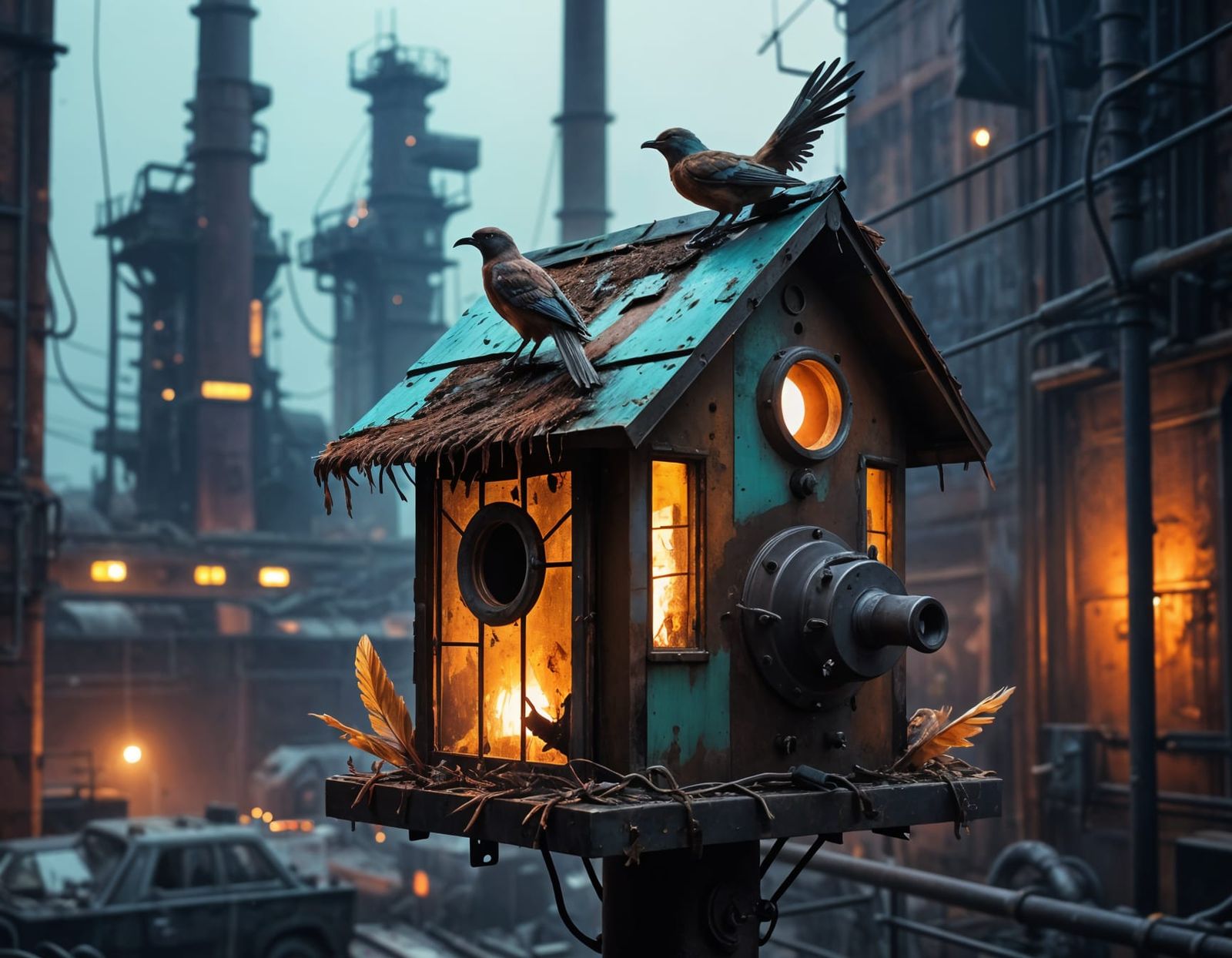 Hyperrealistic Birdhouse Made of Rusted Boiler