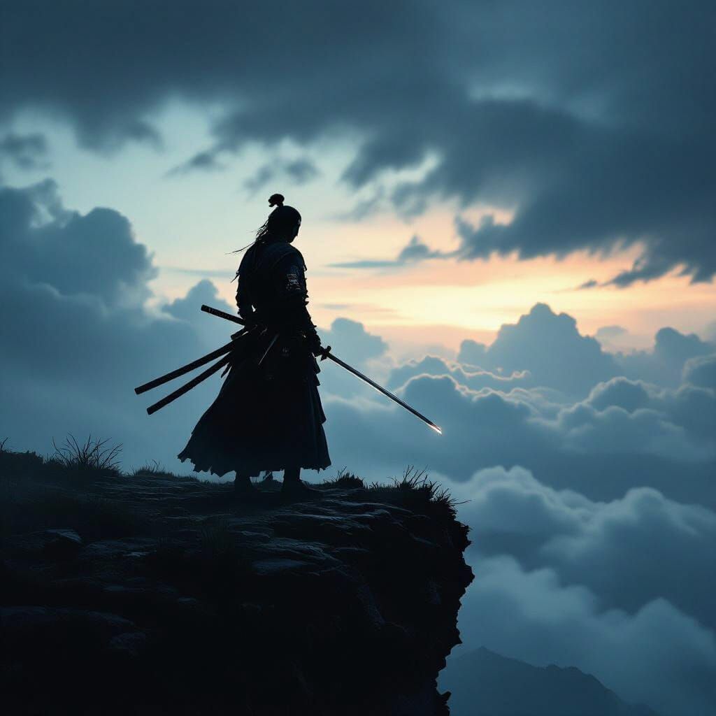 Lone Samurai Warrior on Windswept Cliff