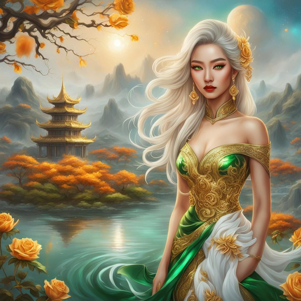 Asian Woman in Gold Garment, Splash Art Style