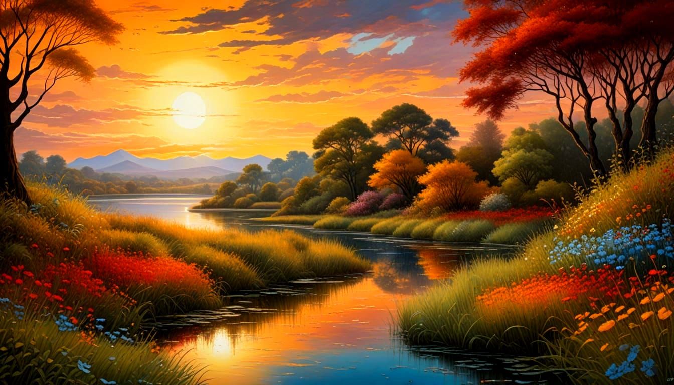 Impressionist Autumn Sunset Landscape Painting
