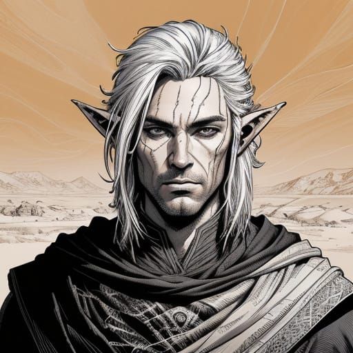 Monochromatic Elf Portrait in Amber Ink Style