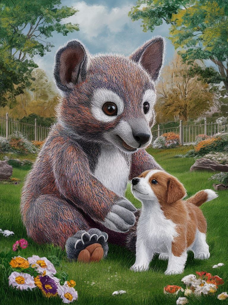 Patchwork Plushie Creature and Puppy in Park