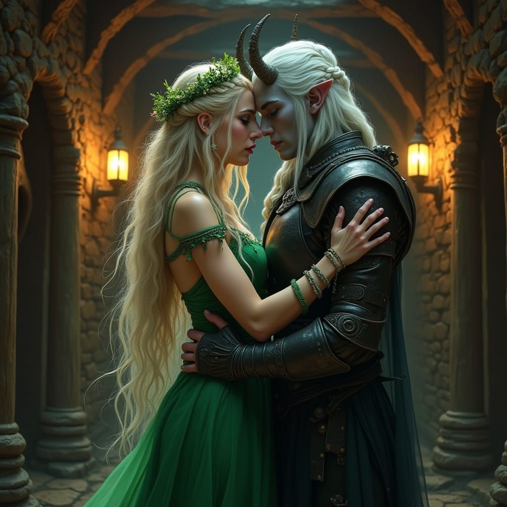 Forest Enchantress and Dark Sorceress in Tender Embrace