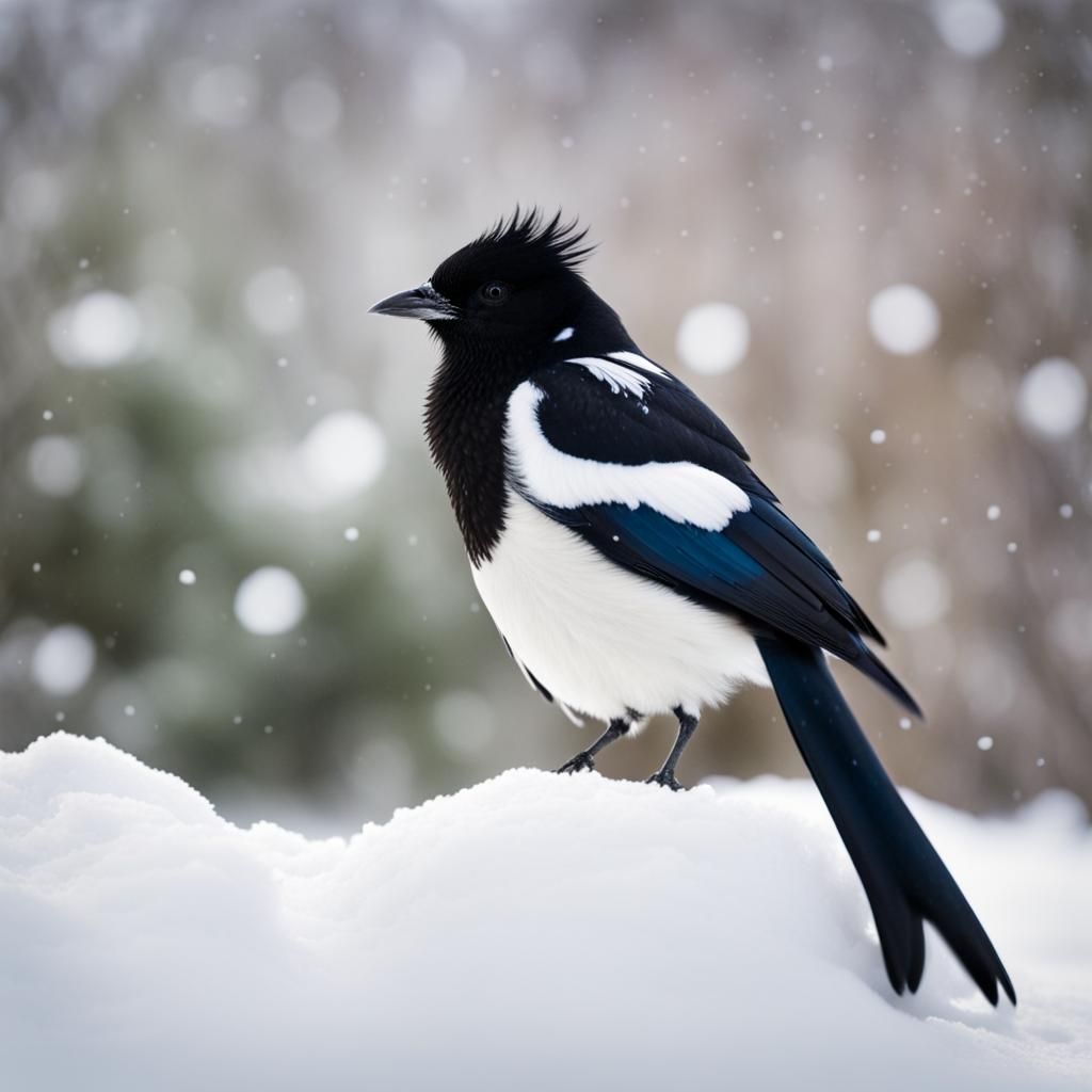 Fluffed Magpie Bird in Winter Snow