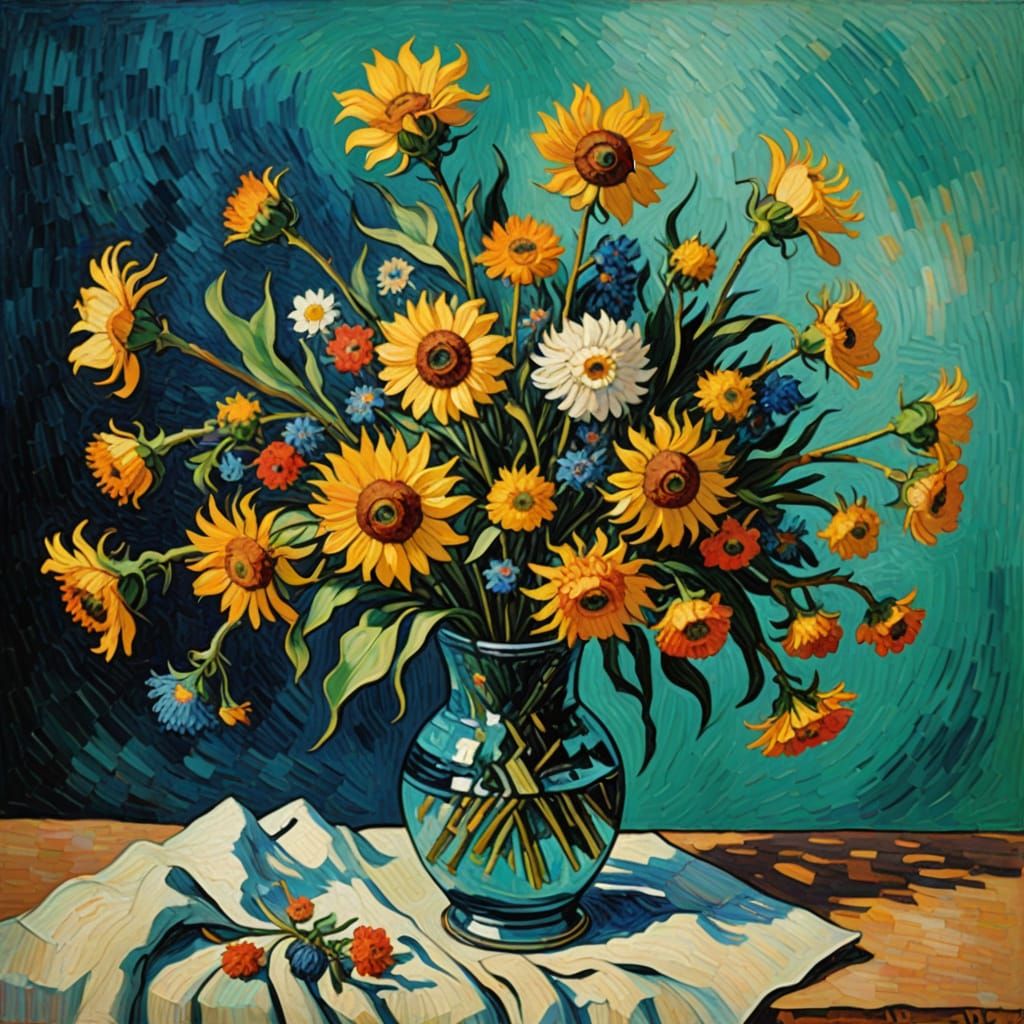 Emotive Still Life of Flowers in Van Gogh Style