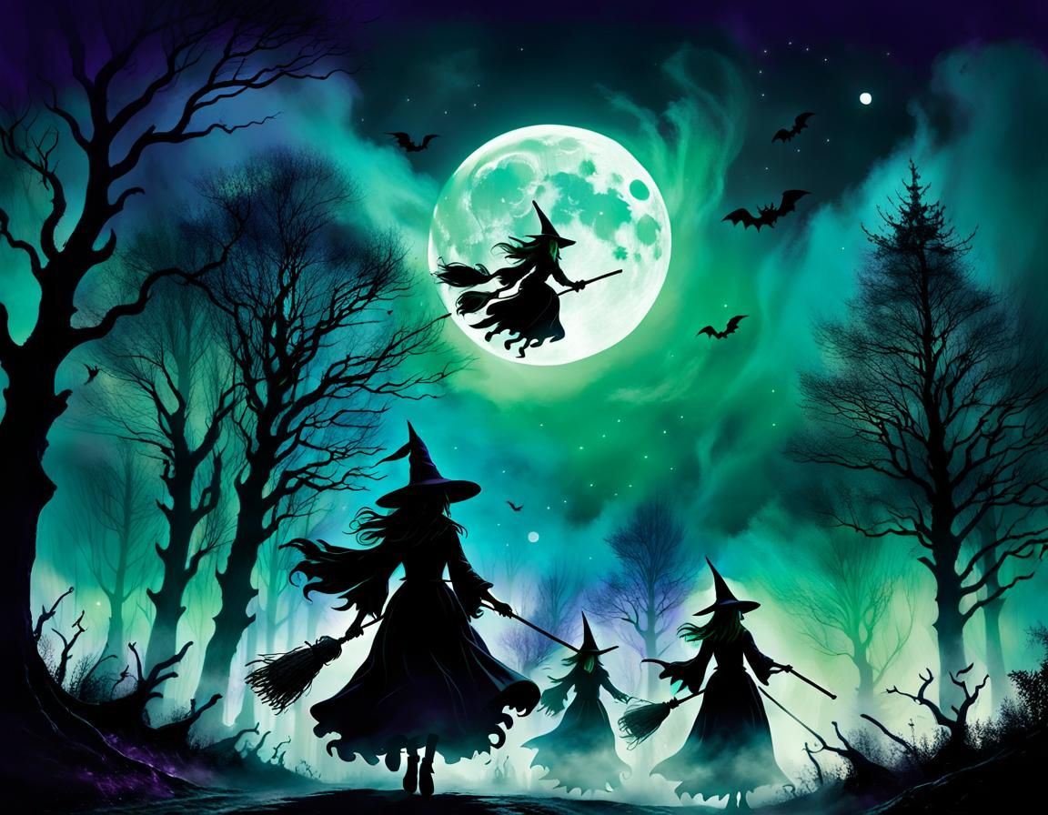 Witches Fly Under Full Moon in Dark Fantasy Art