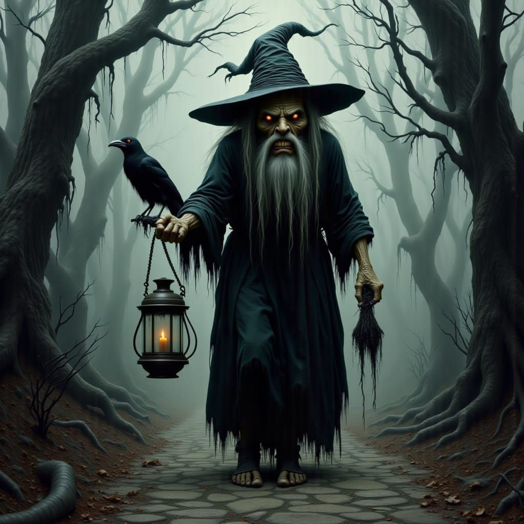Gnarled Witch in Eerie Forest: Frazetta Style