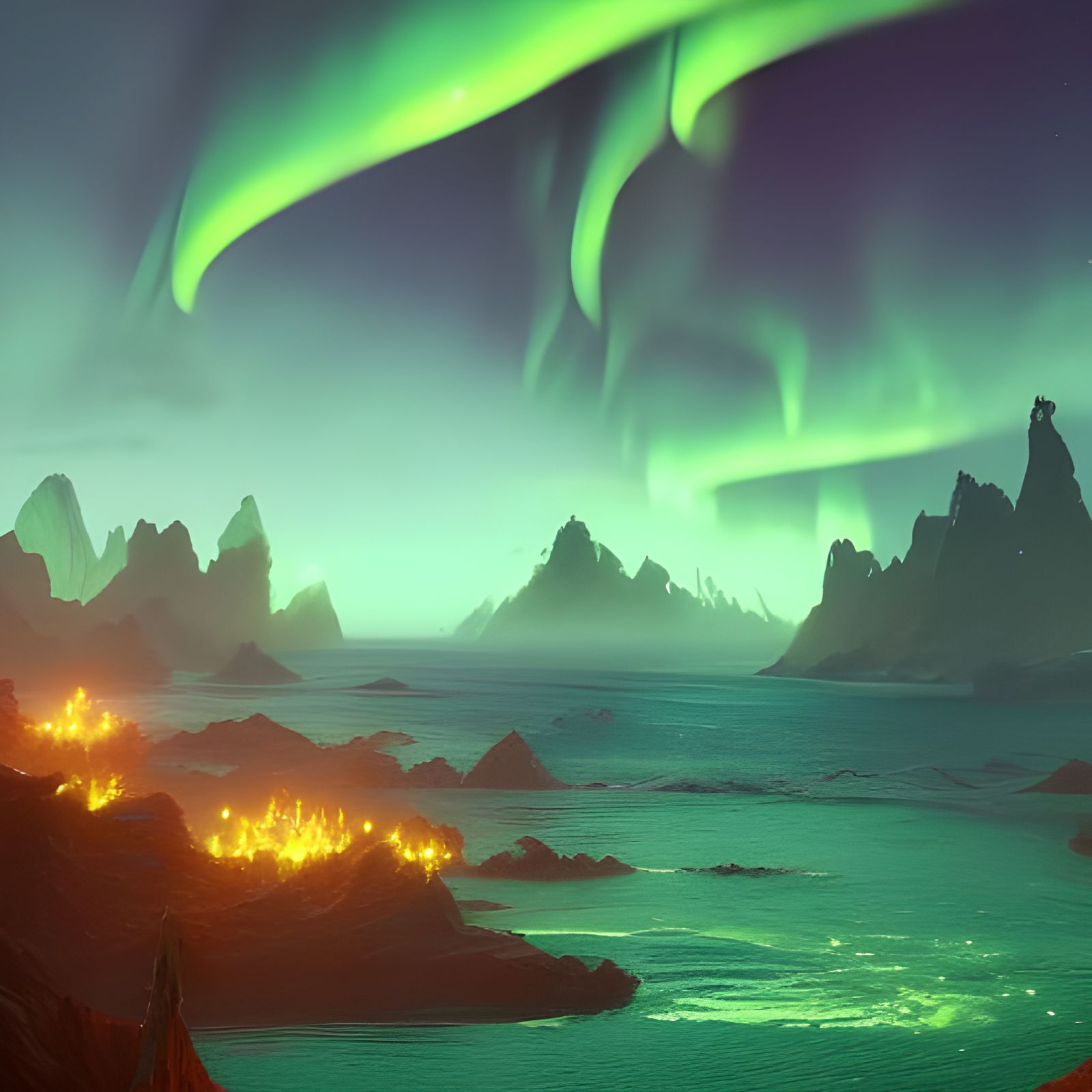 Divine City Meets Aurora Over Emerald Ocean