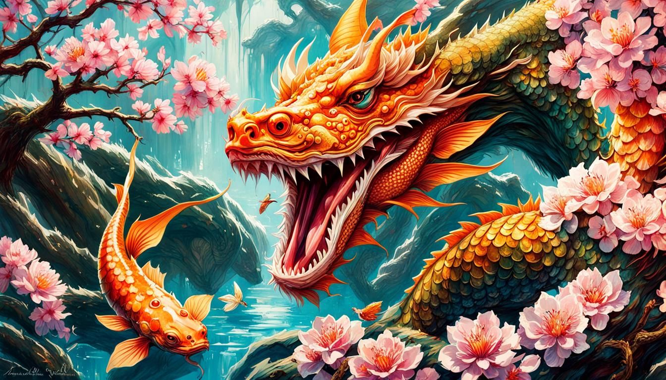 Dragon Eating Koi in Pin-Up Style