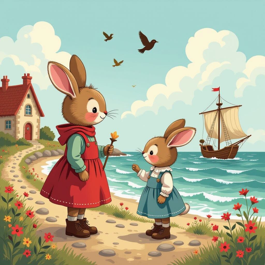 Magical Coastal Scene in Naive Illustration Style