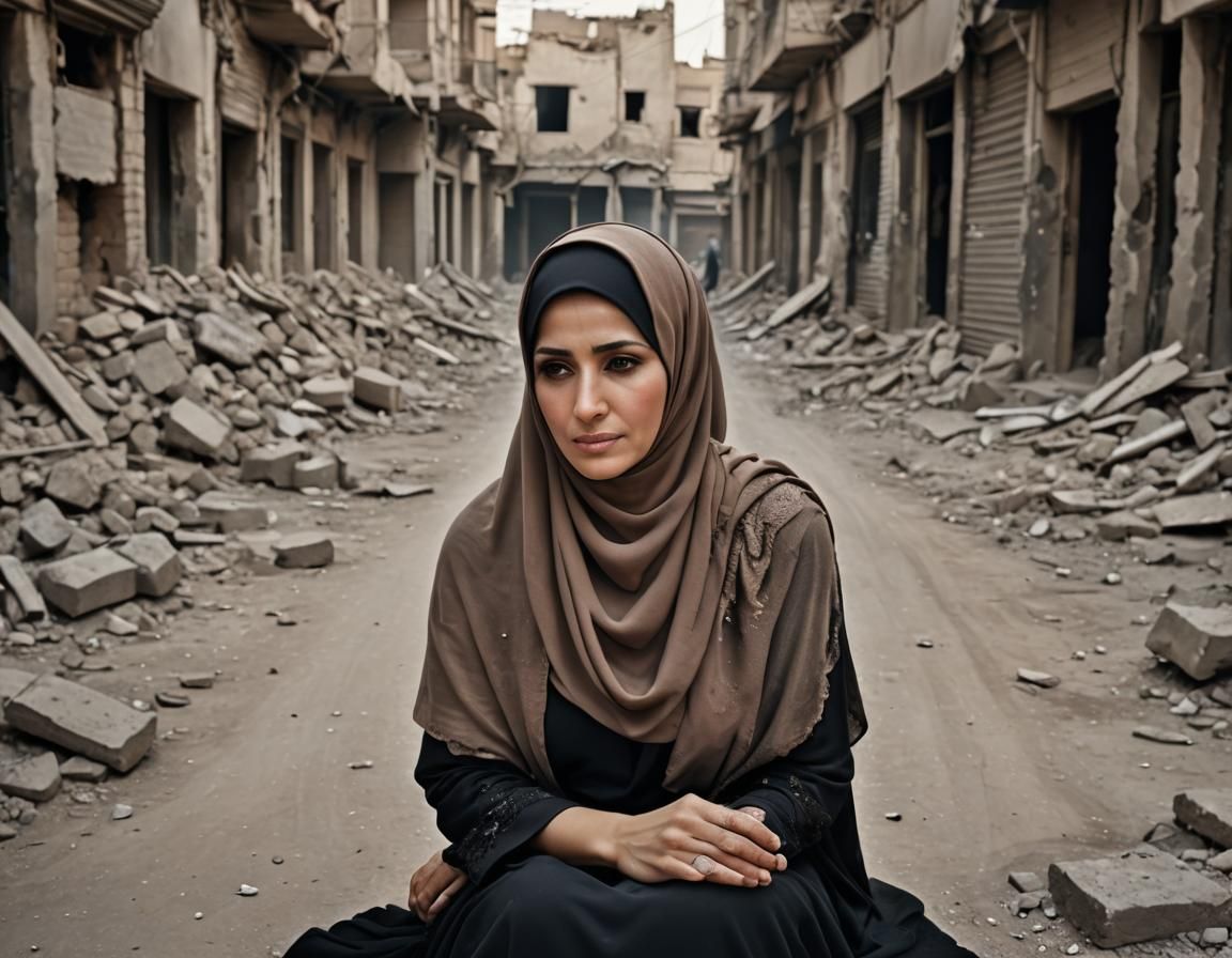 Elegant Hijabi Woman in War-Torn City