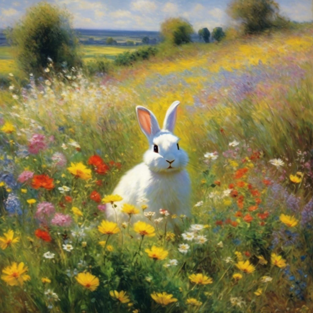 Fluffy White Easter Bunny in a Vibrant Wildflower Meadow