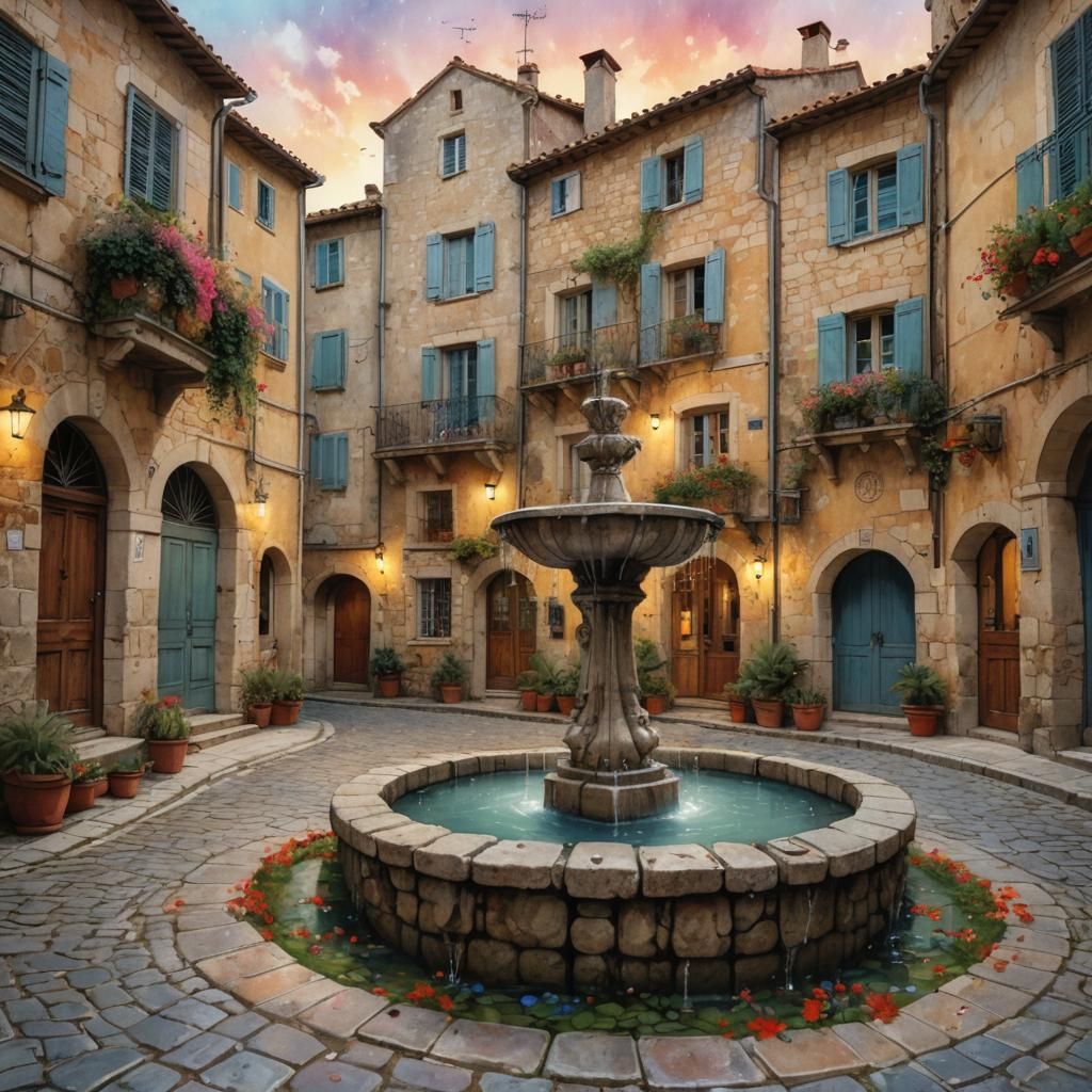 Medieval Fountain in Provence: Watercolor and Graphite