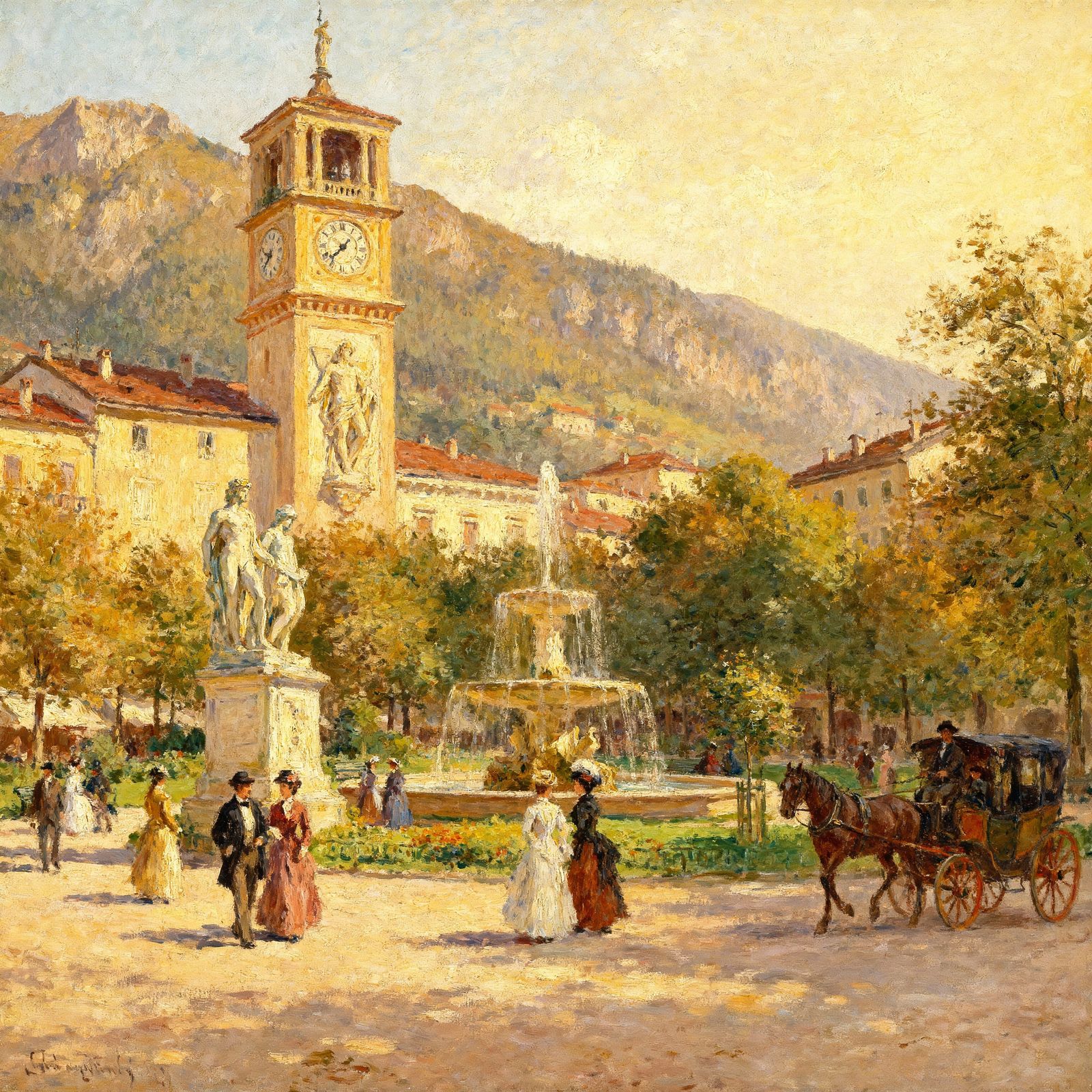 Mountain Town Clock Tower with Roman God Statues