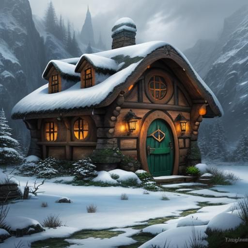 Snowy Hobbit House in Middle-earth, Fantasy Art