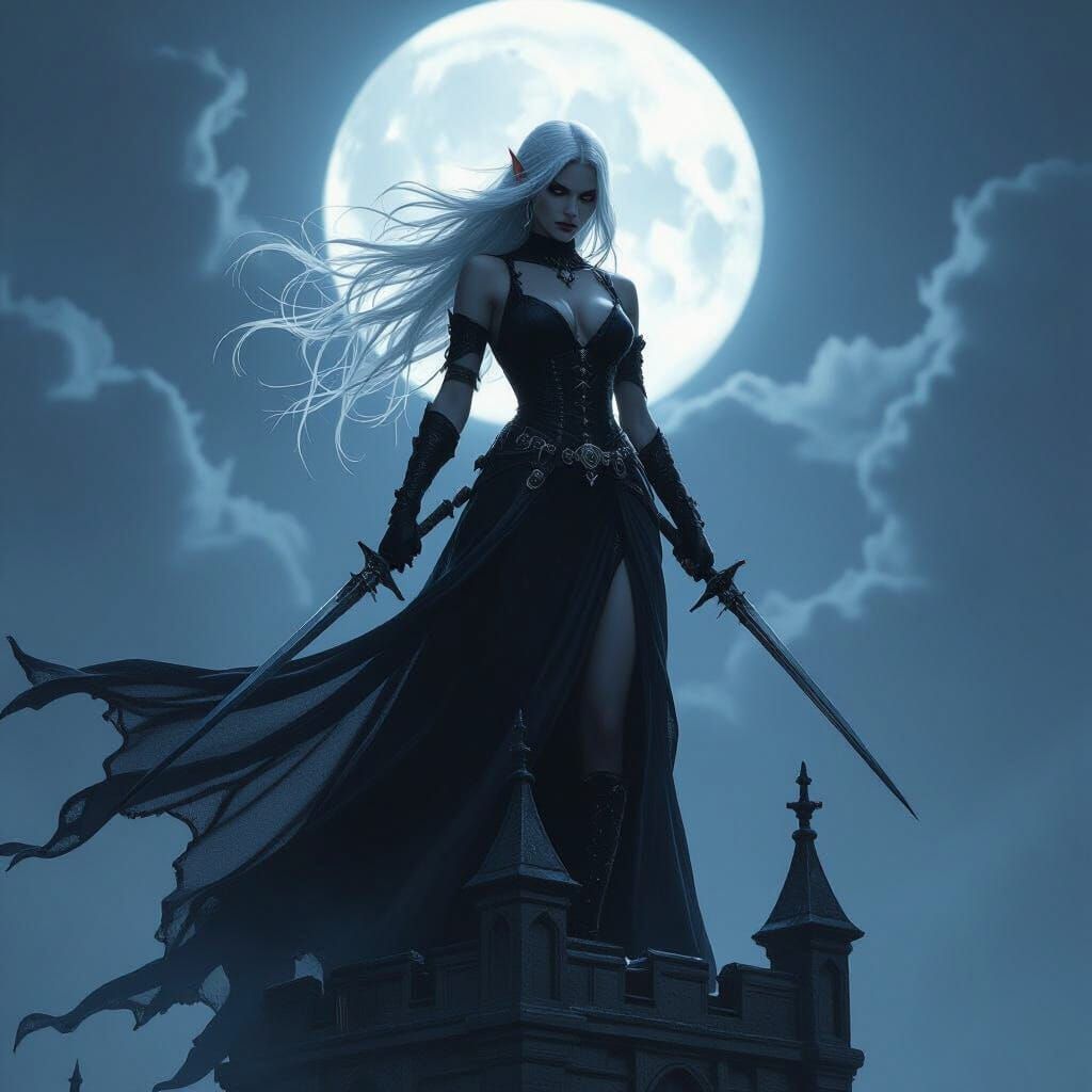 Dark Elf Huntress on Gothic Tower