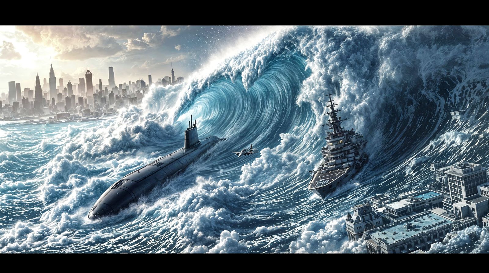 Tsunami Wave Surges Towards City with Submarine