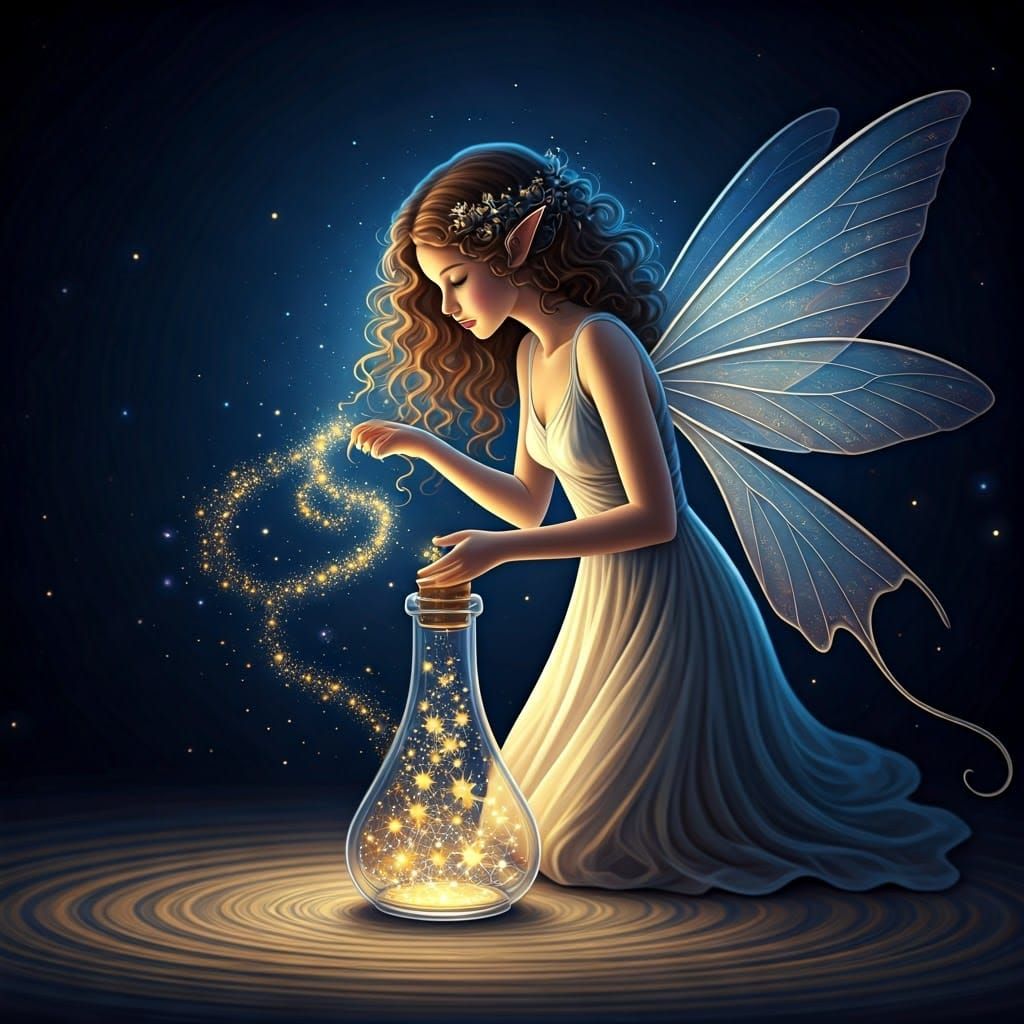 Celestial Fairy Gathering Stars in Moonlight