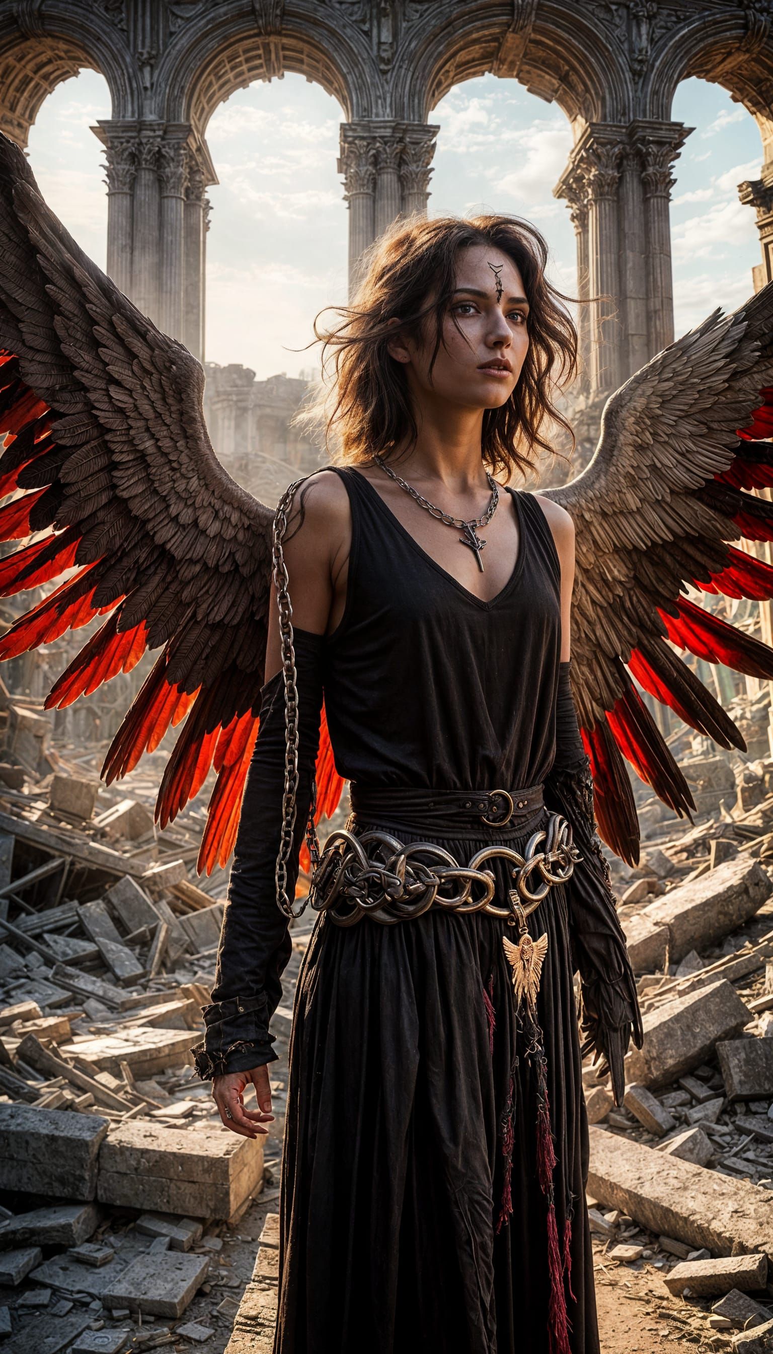 Fallen Angel in Ruins with Red Wings