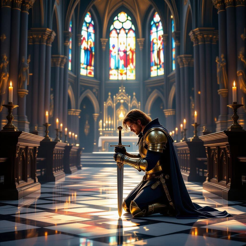 Golden Knight's Prayer in Cathedral