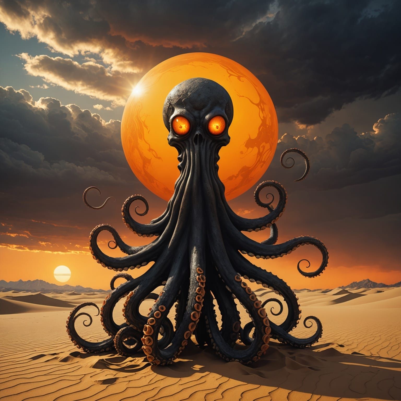 Human-Headed Octopus in Desert, Sinister Art