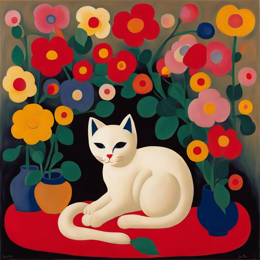 Cute Cat Surrounded by Flowers in Dadaist Style