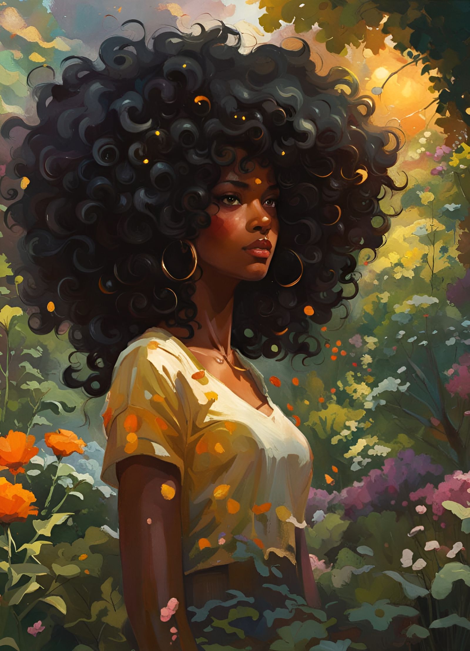 Black Princess Portrait in Lush Garden with Sunlight