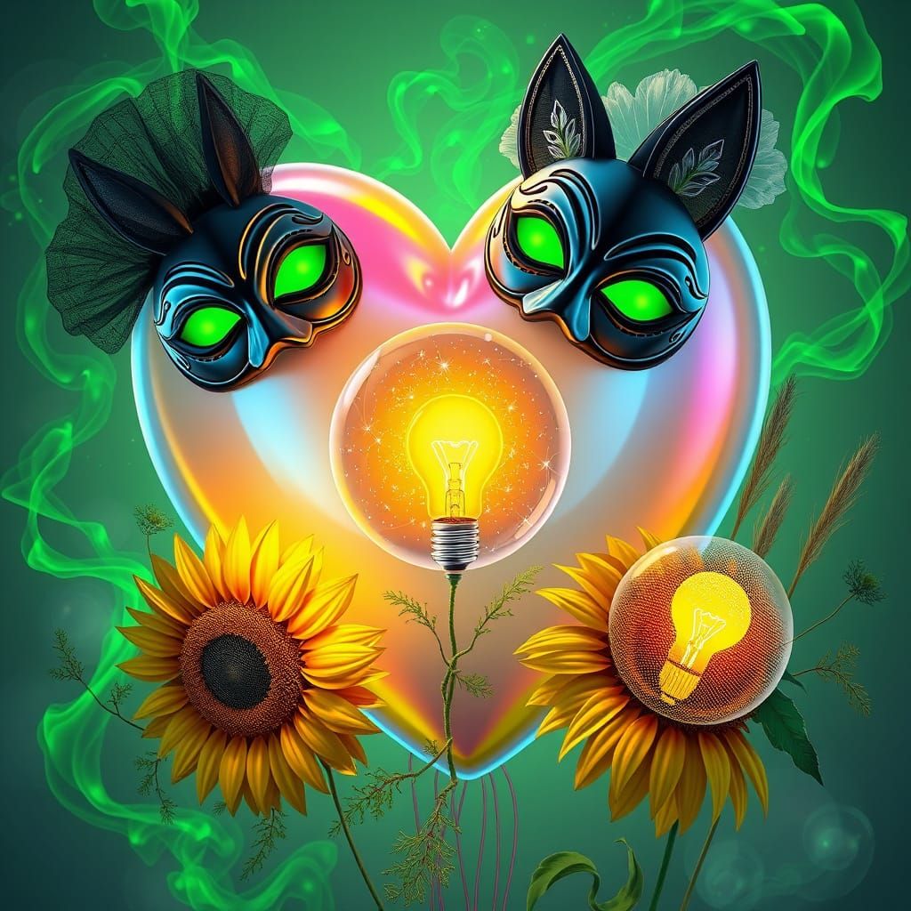 Bioluminescent Balloon Heart with Surreal Masks and Flora Cr...