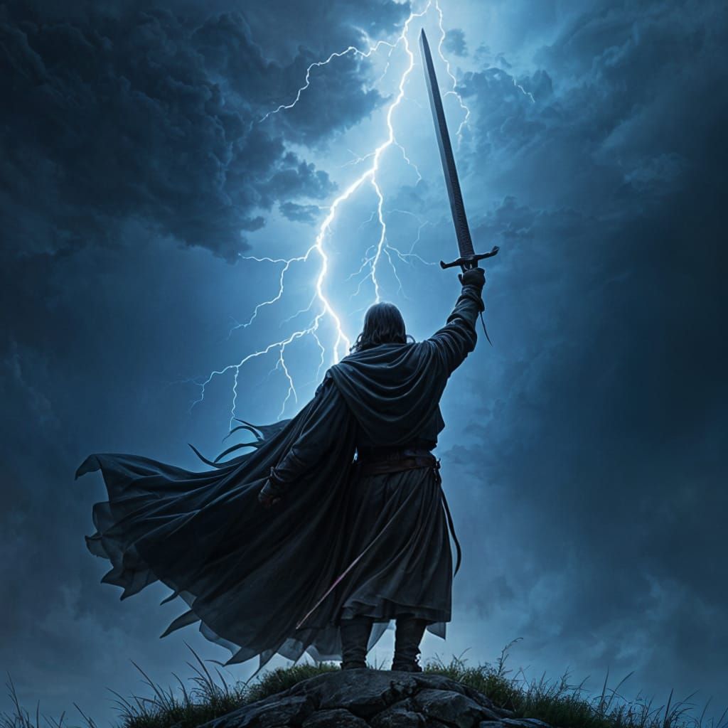 Heroic Figure Holds Sword Against Stormy Night Sky