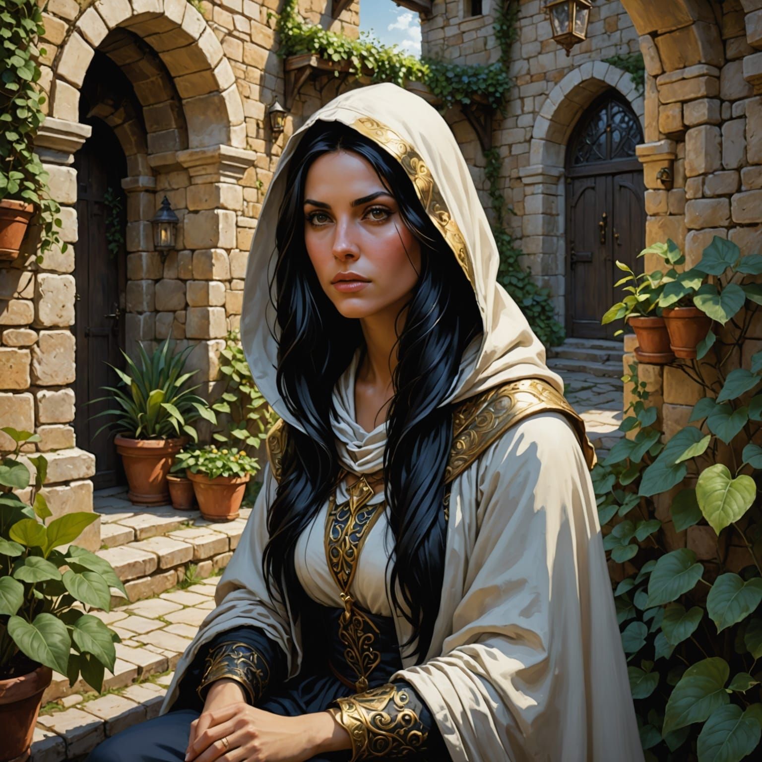 Renaissance Woman in Garden Corner: Dark Fantasy Art