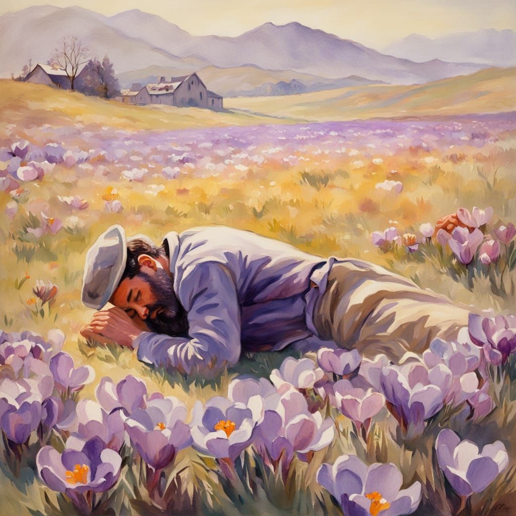 Man Asleep in Crocus Meadow: Impressionist Watercolor