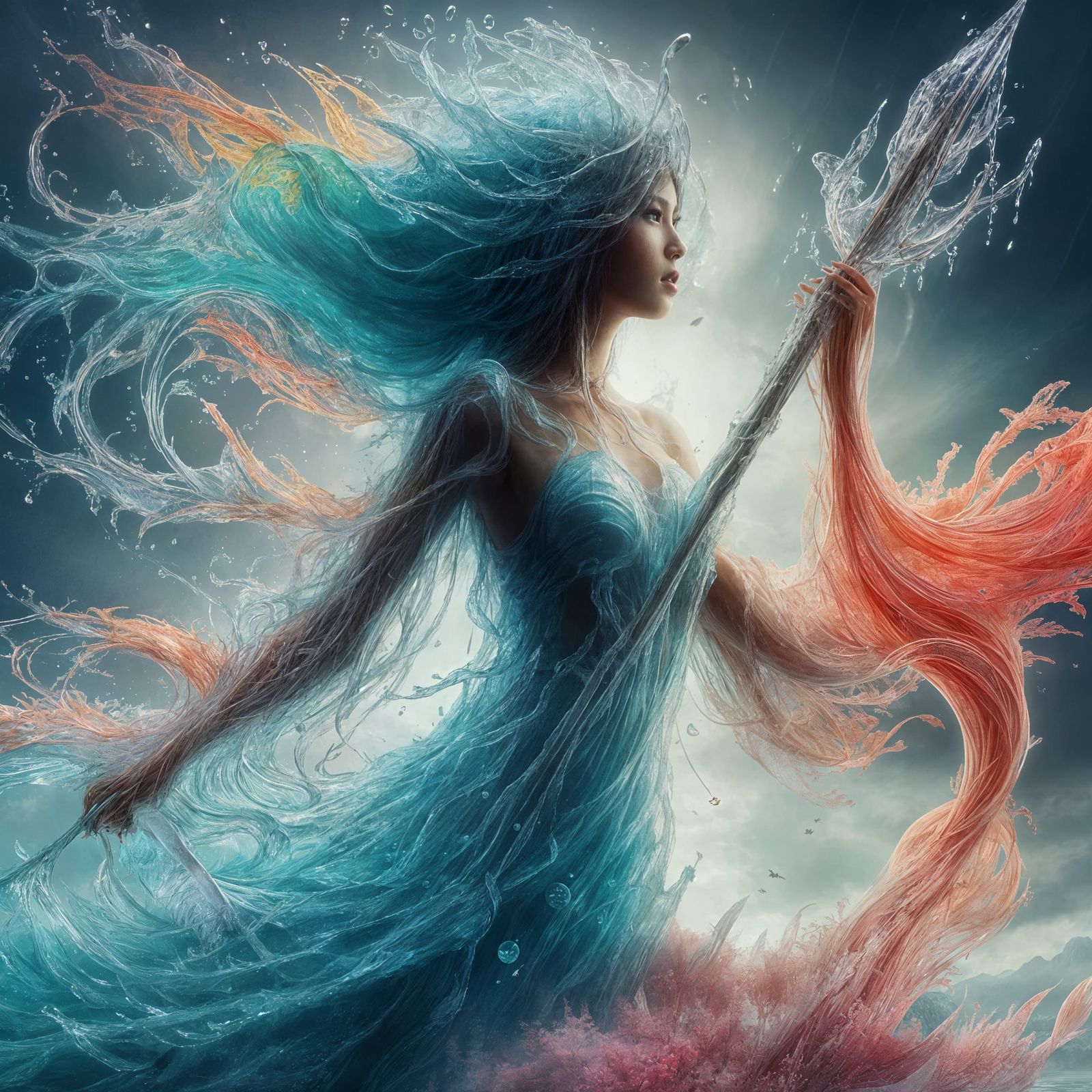 Chinese Water Goddess with Rainbow and Dragonflies