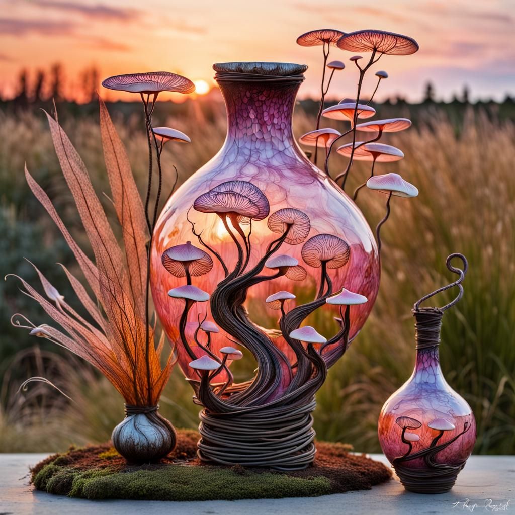 Ethereal Raku Crackle Ikebana with Bizarre Mushrooms