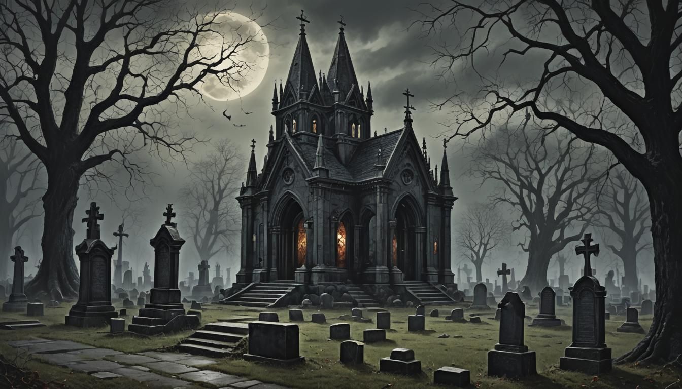 Creepy Gothic Mausoleum in Graveyard at Night