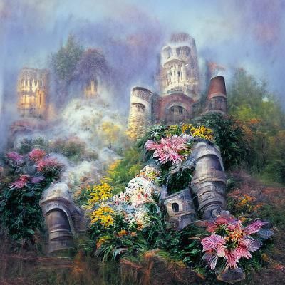 Flower-Crowned Castle Ruins in Ethereal Fantasy Style