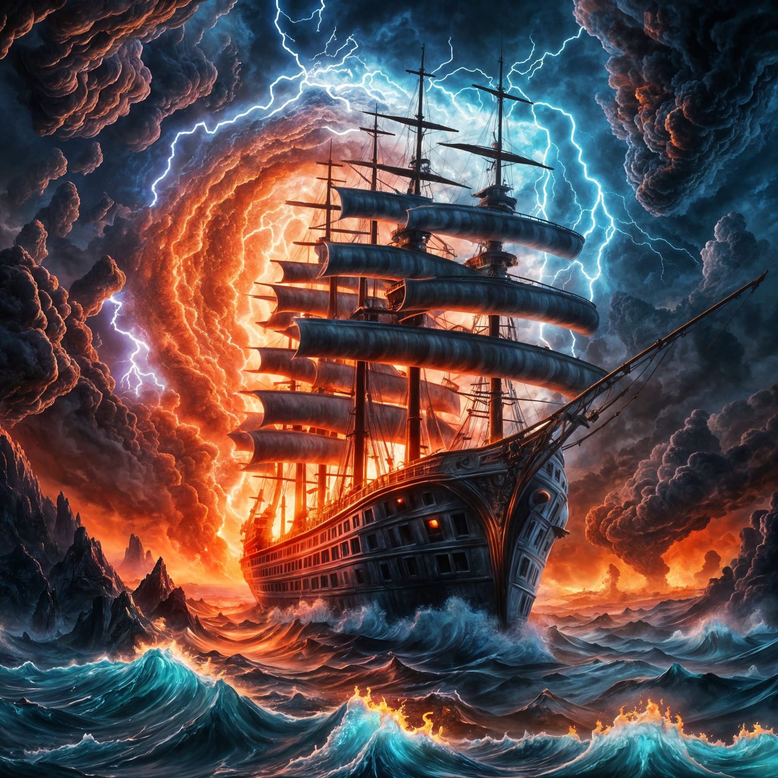 Lava Lamp Ship Amidst Lightning Storm