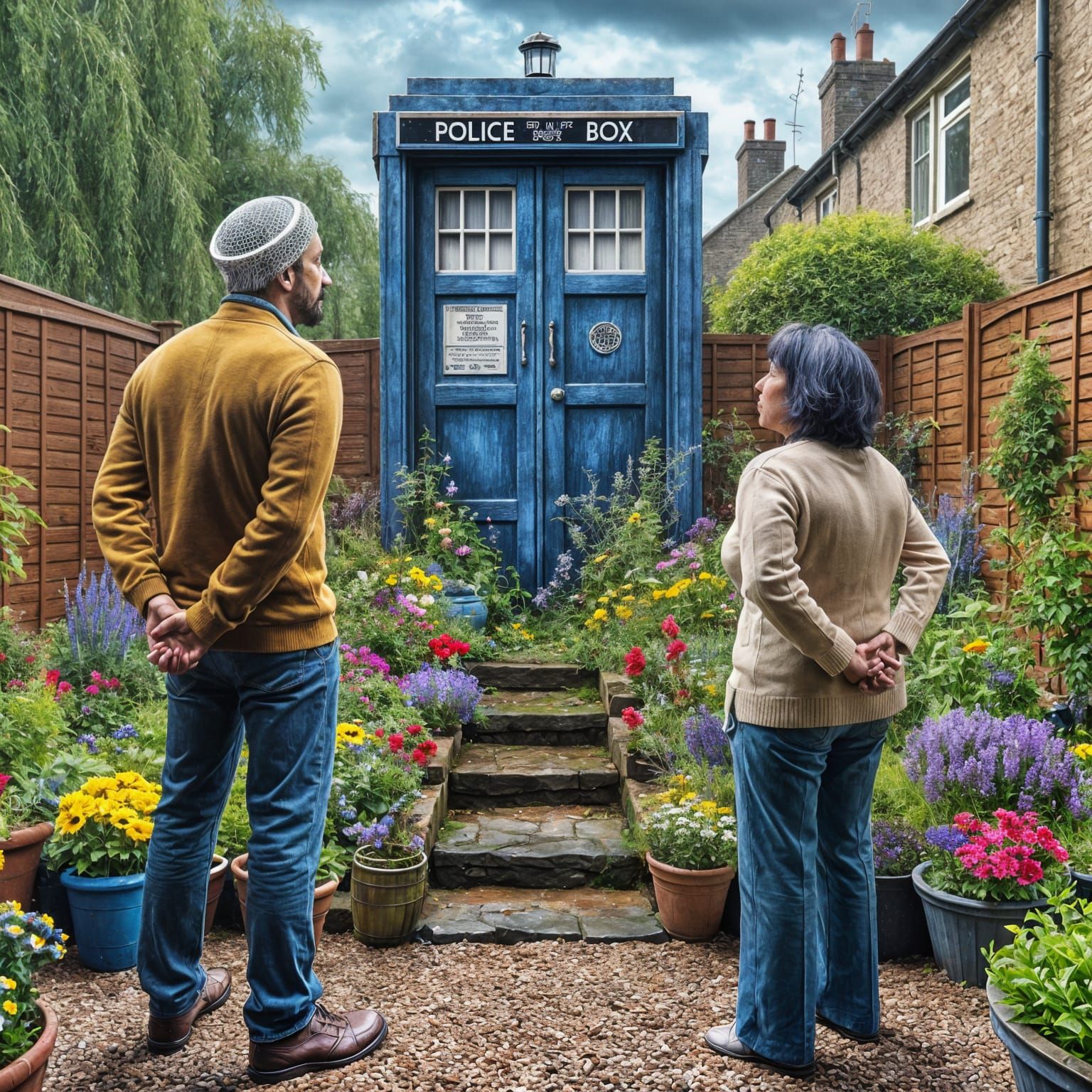Sci-Fi Police Box Materializes in Blooming Backyard Garden