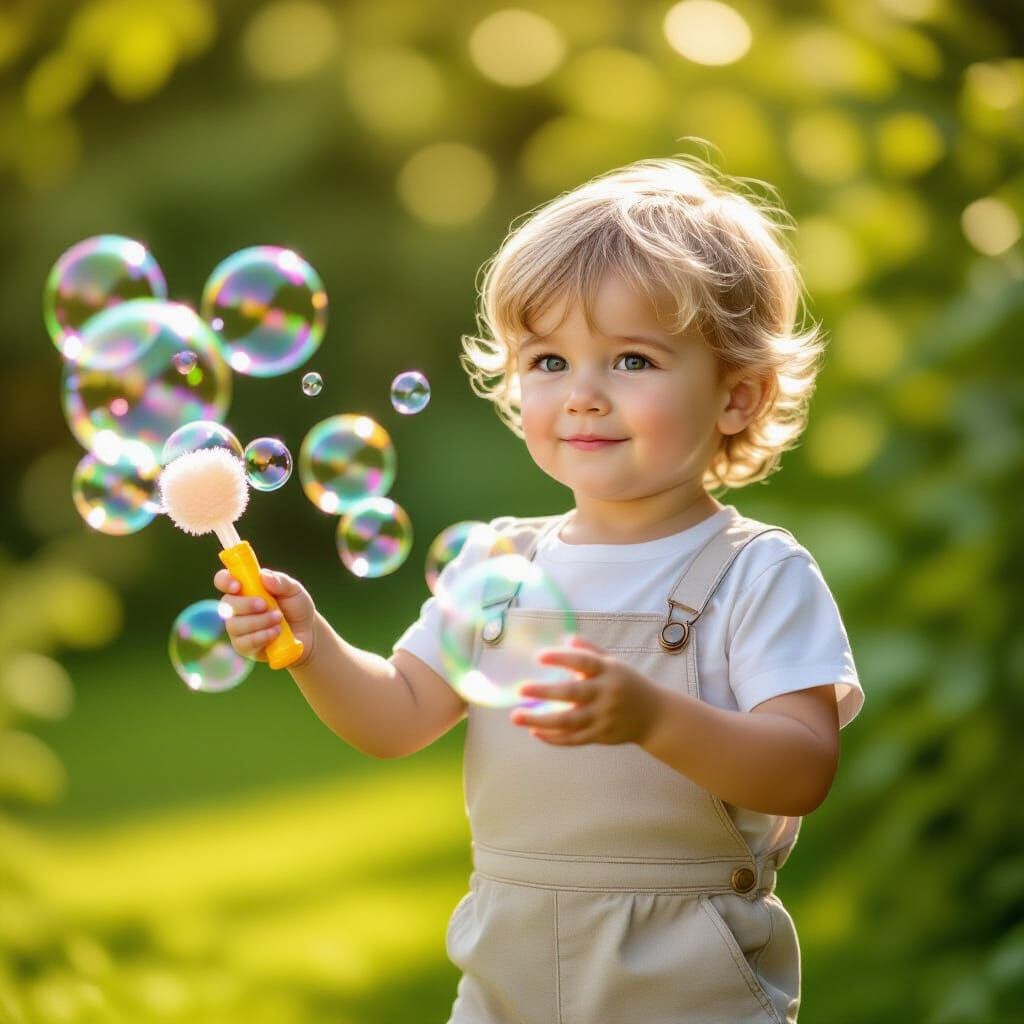 Boy Creates Giant Bubbles in Sunlit Garden