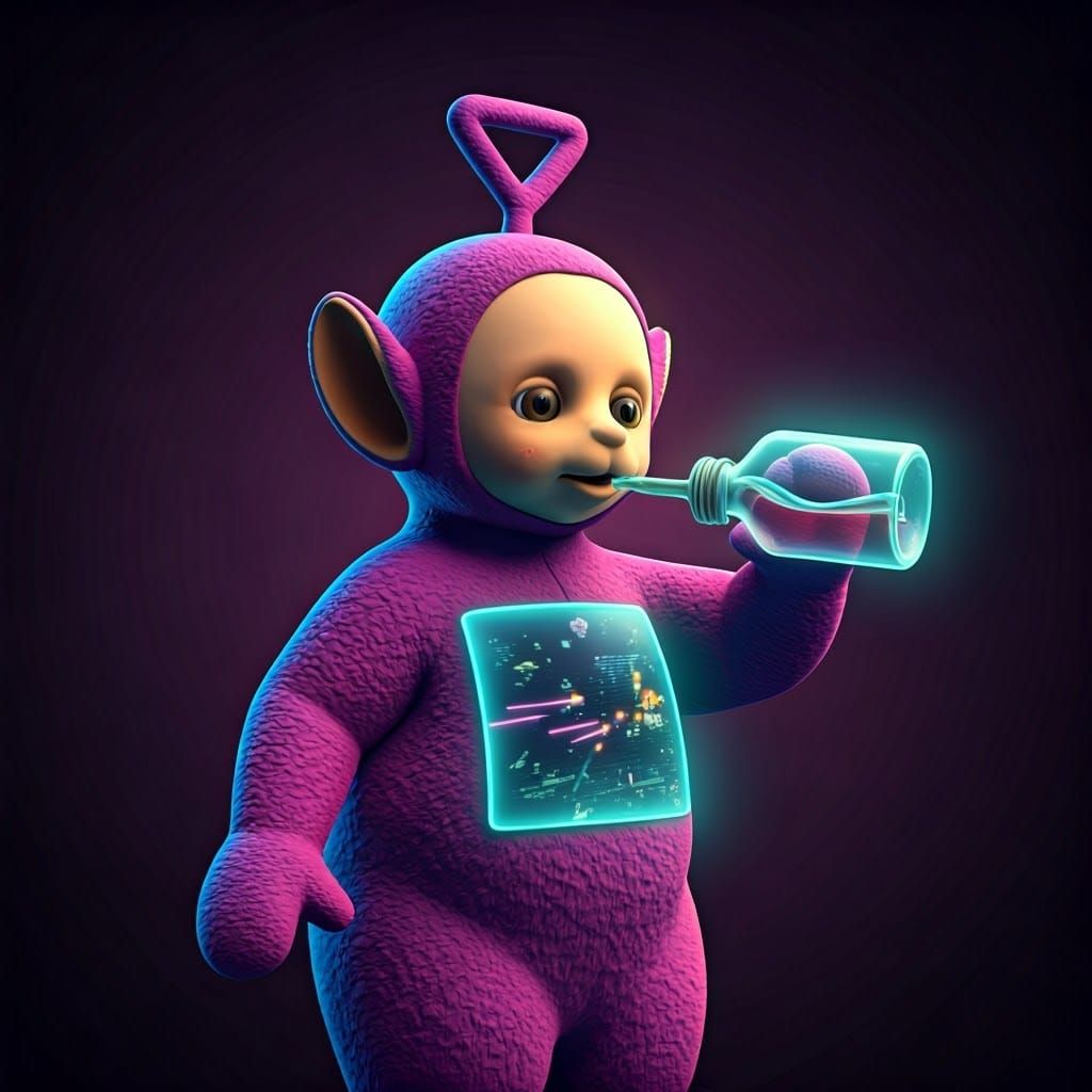 Vibrant Teletubby Engages in Retro-Futuristic Lazer Battle
