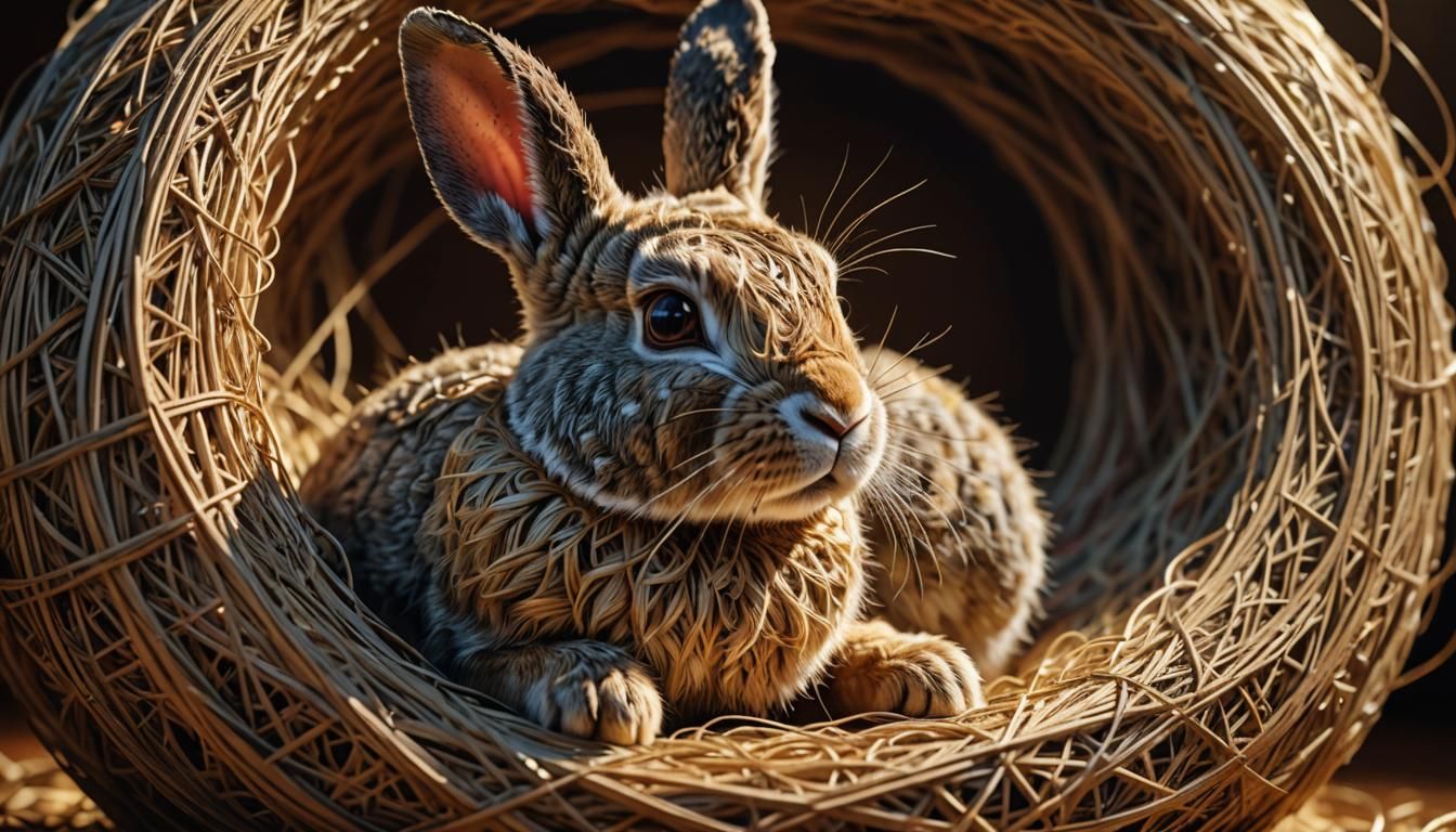 Rabbit Comfortably Sits Inside a String Ball