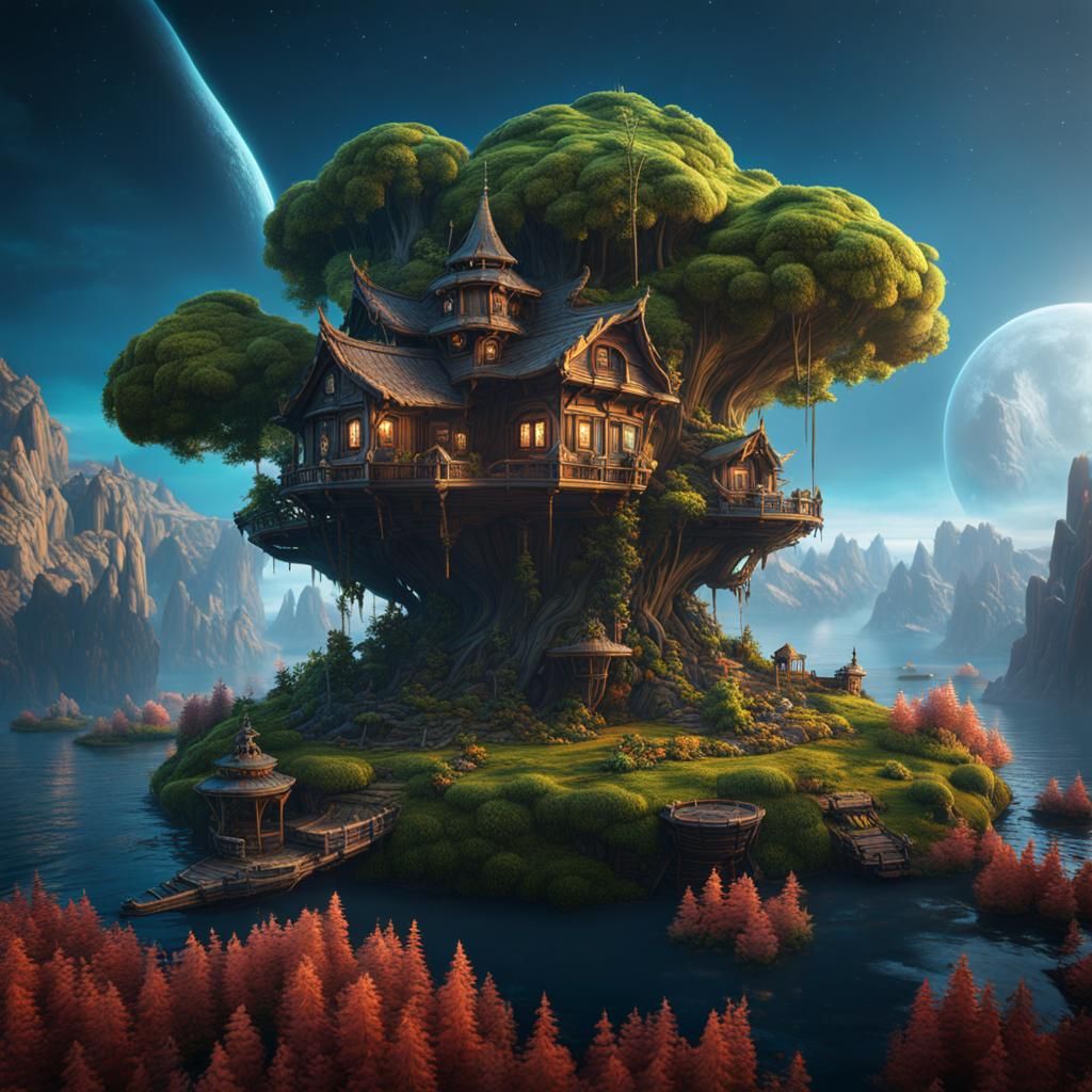 Floating Island House in Space Concept Art