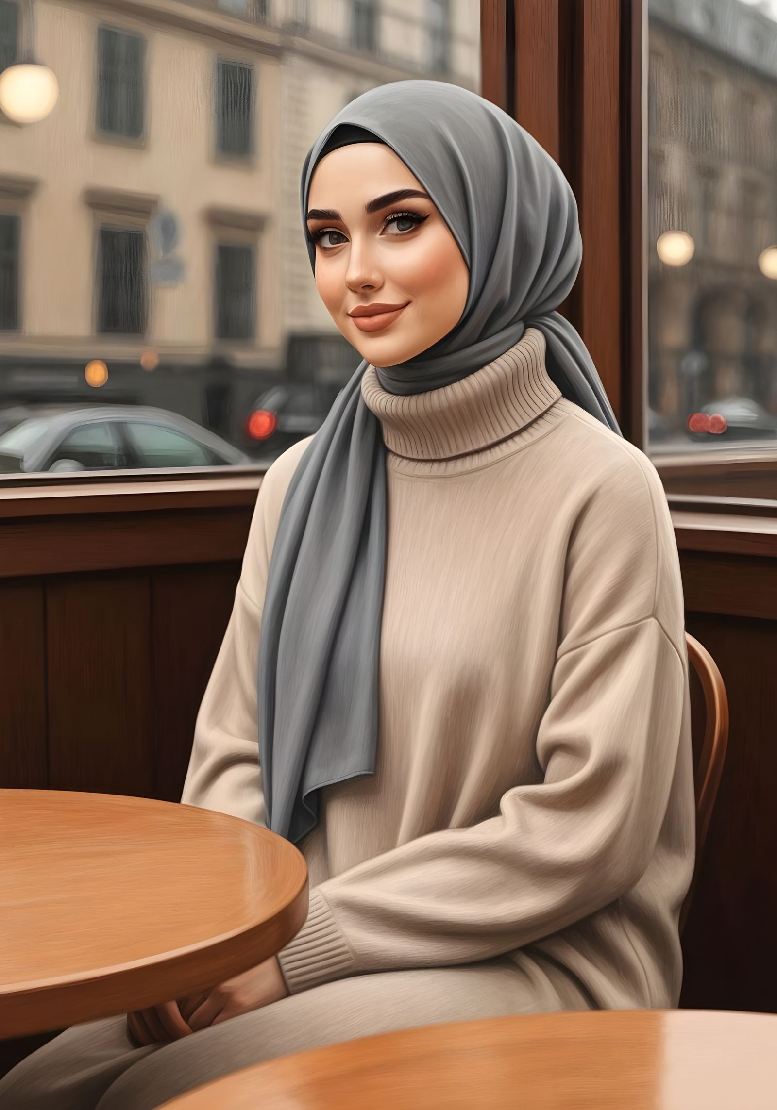 Elegant Hijabi Woman in Cozy City Cafe