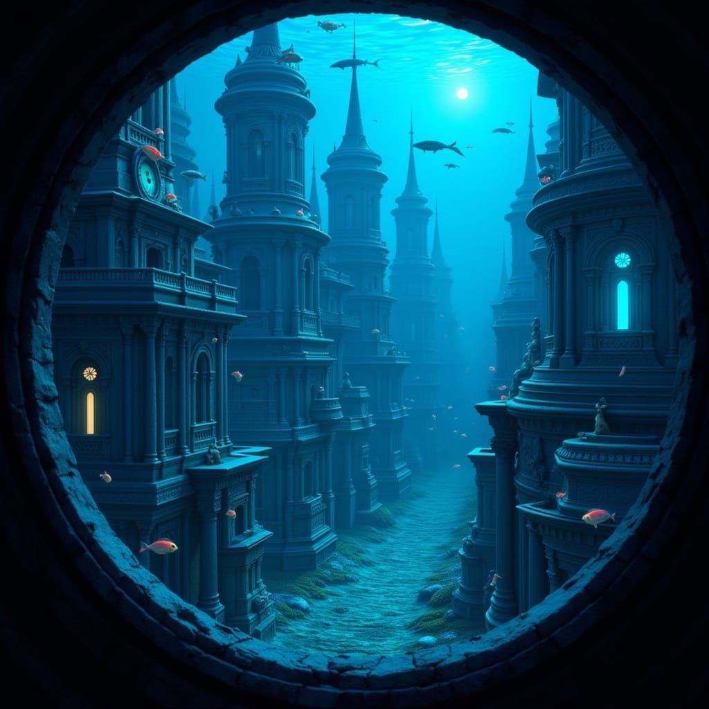 Bioluminescent Underwater City in Art Nouveau Roman Style