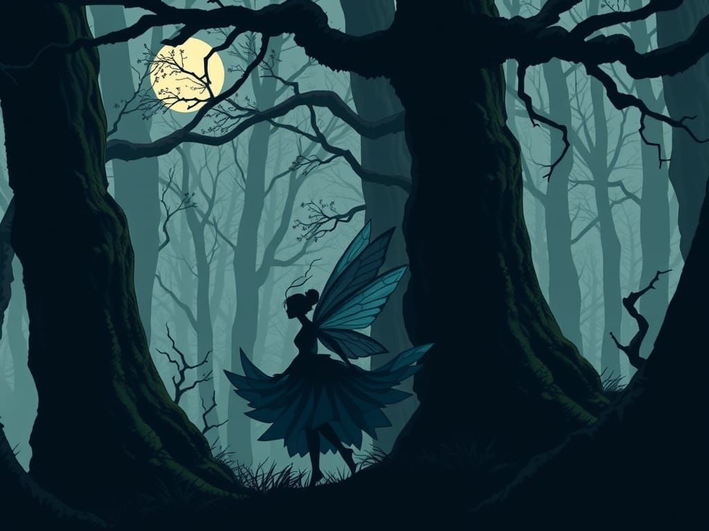 Ethereal Fairy in Moonlit Forest: Digital Woodcut Art