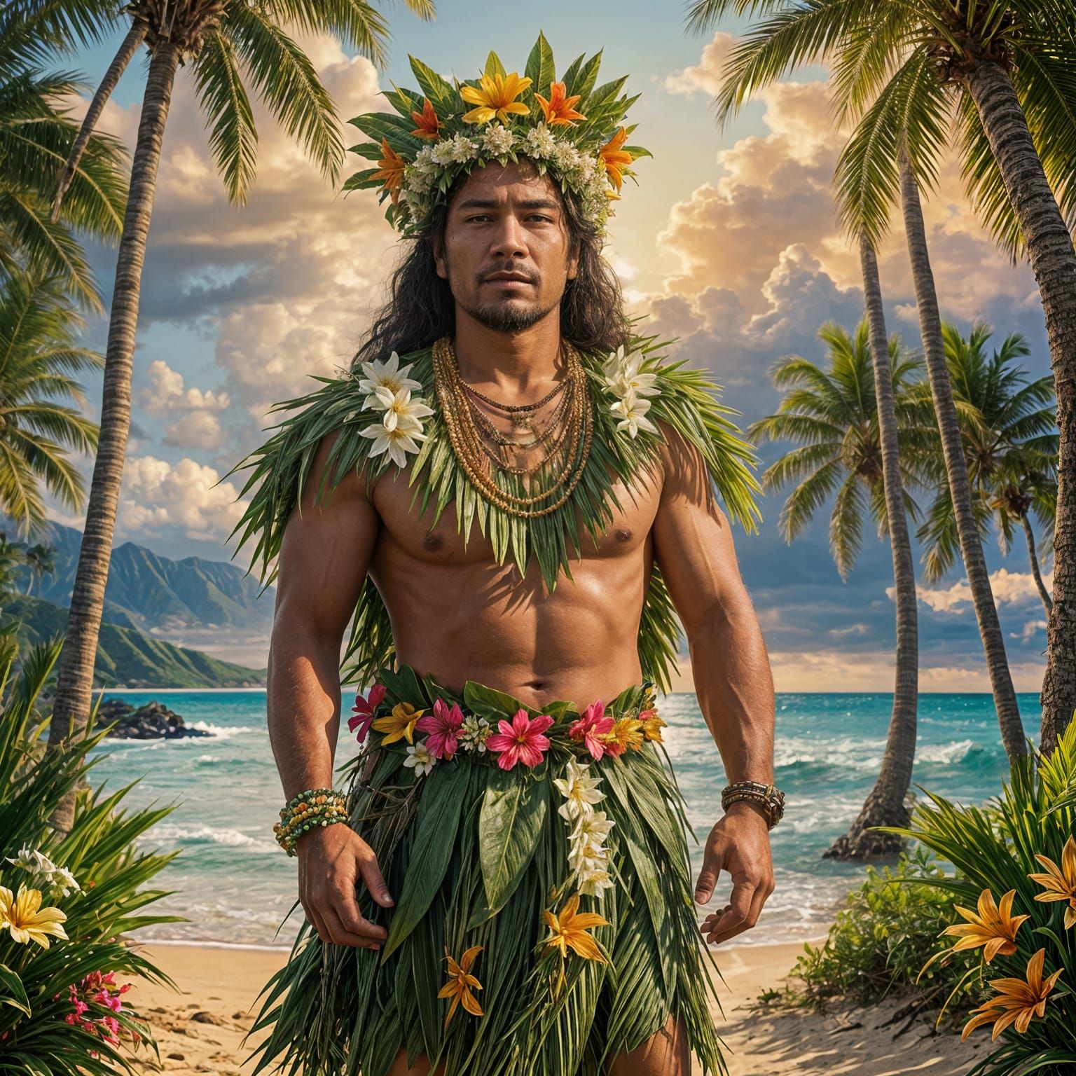 Hawaiian Man in Grass Skirt and Flower Crown