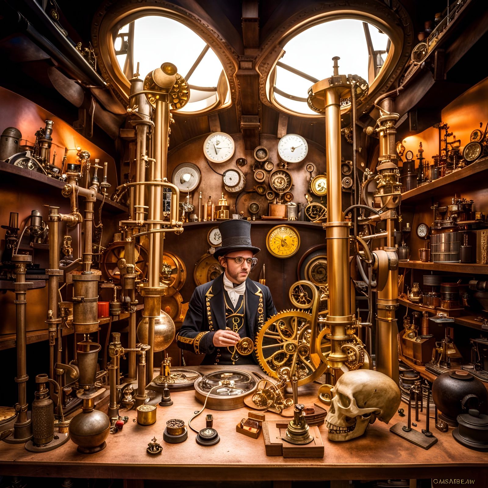 Steampunk Alchemist in Elaborate Laboratory with Clockwork