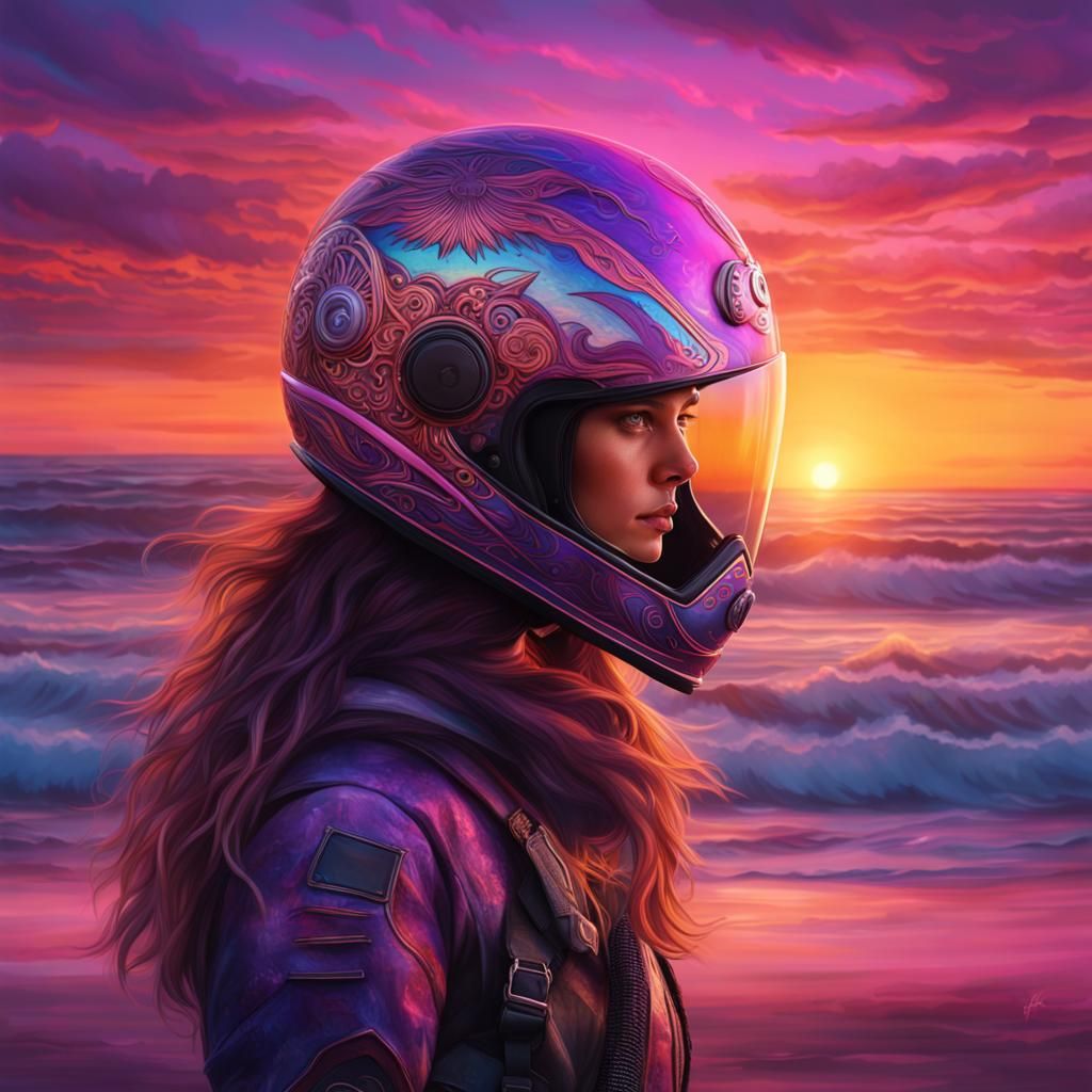 Sunset Reflection: Ornate Helmet on Beach, Digital Painting